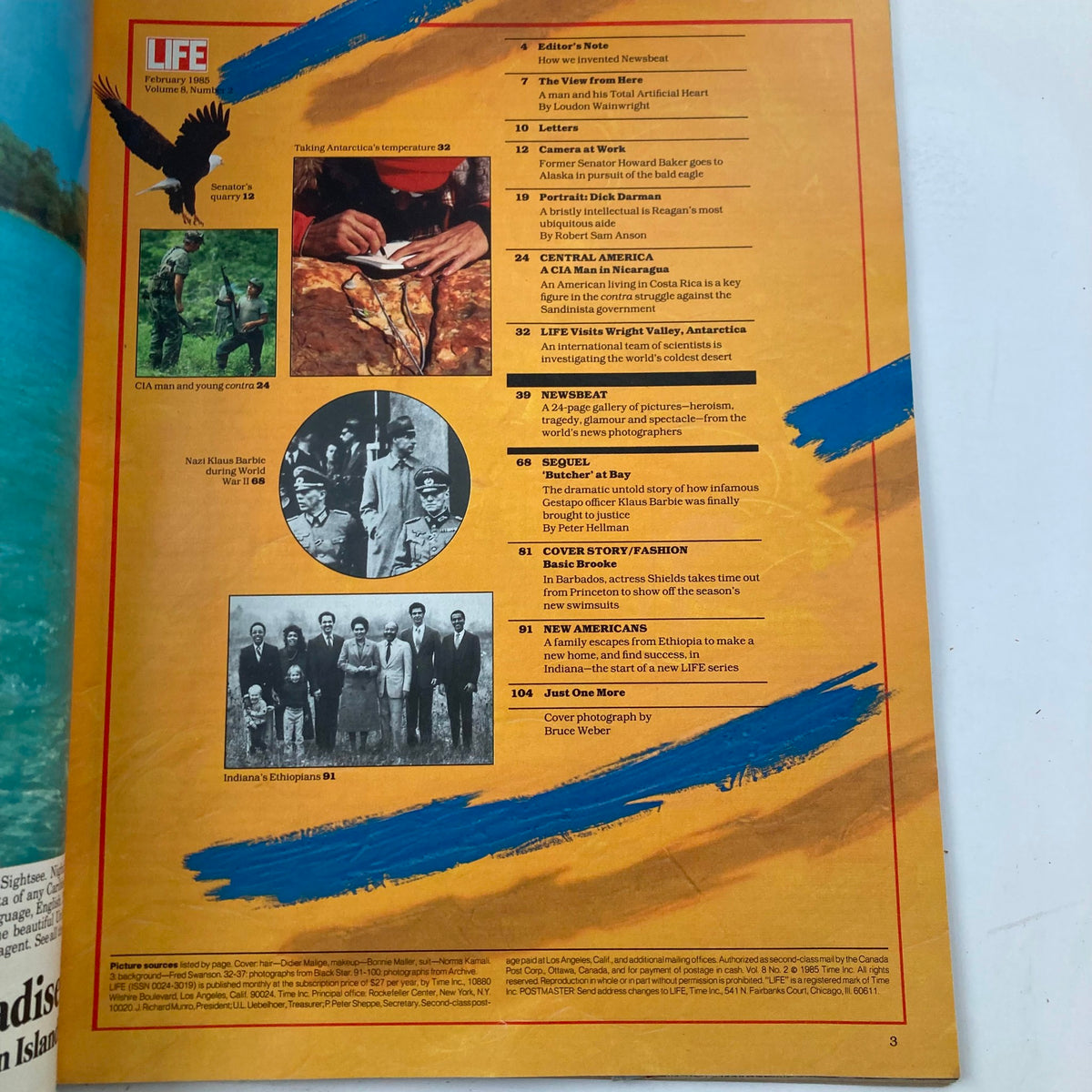Interior page of the VTG Life Magazine February 1985 Volume 8 No. 2 featuring articles and imagery related to Brooke Shields, including content on Central America and fashion.