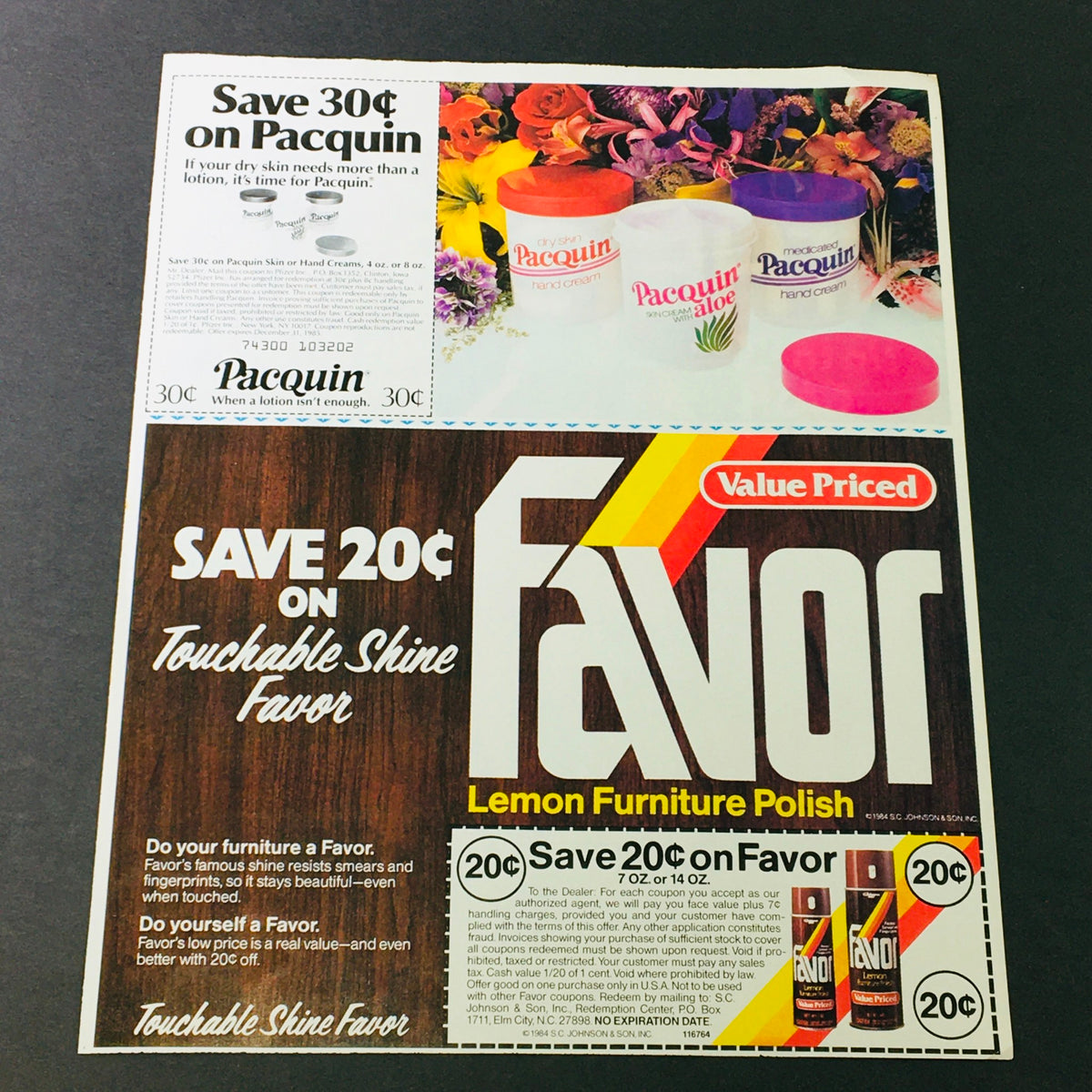 Image of a vintage coupon advertisement featuring a promotional offer for 30 cents off Pacquin hand cream and 20 cents off Favor furniture polish. Part of the VTG Retro 1984 Hunt-Wesson Foods U.S. Olympic Rowing Team Sponsor Ad Coupon collection.