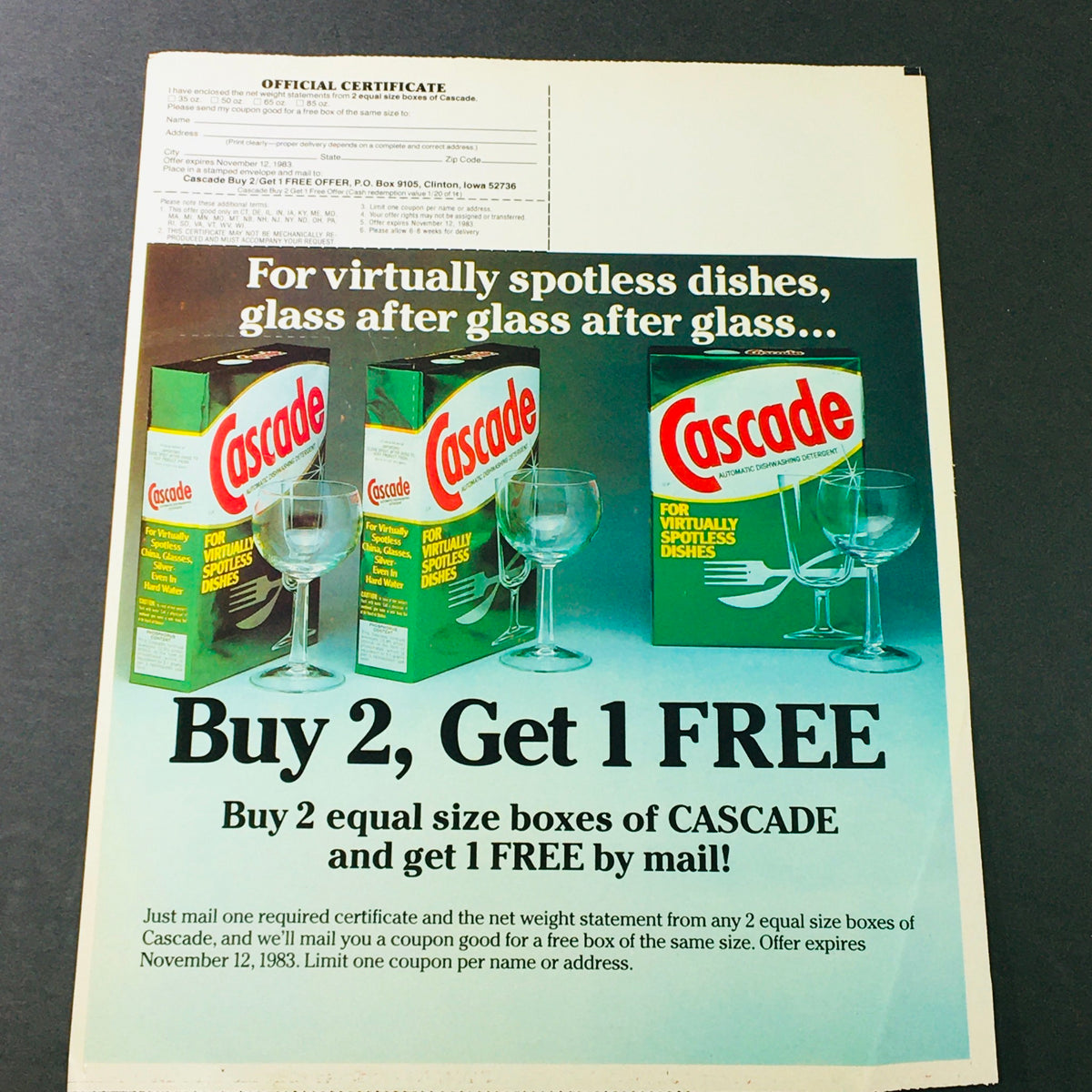 Vintage Retro 1983 Cascade Automatic Dishwashing Detergent Buy 2 + 1 FREE Ad Coupon