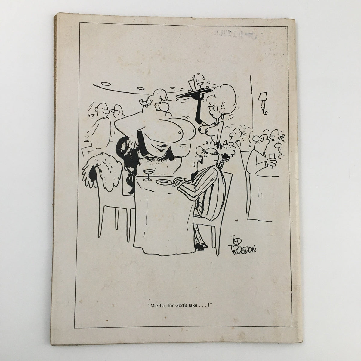 Back cover of Laugh Parade Magazine September 1969 displaying a humorous cartoon scene at a restaurant, emphasizing the magazine's comedic tone.
