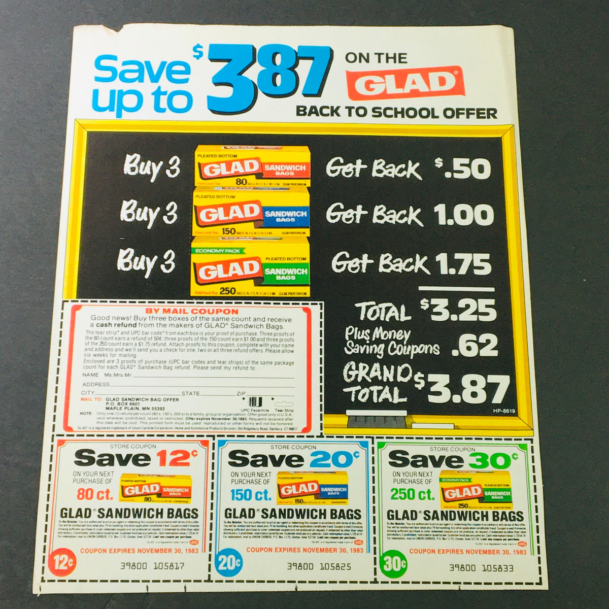 VTG Retro 1983 Glad Back to School Money-Back Offer Sandwich Bags Ad Coupon showcasing a colorful advertisement with savings details and coupon offers for Glad sandwich bags.