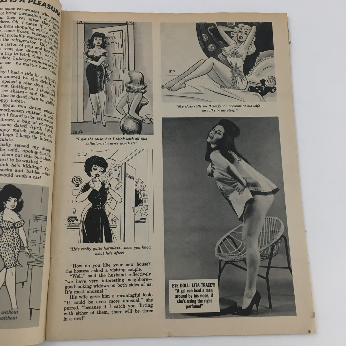 Interior page from Joker Laugh Magazine Eye Doll Lita Tracey in Business is a Pleasure featuring humor and vintage illustrations depicting comedic scenarios.