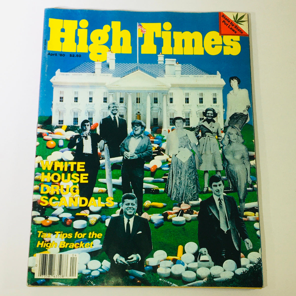 Cover of VTG High Times Magazine from April 1980 featuring John F. Kennedy and the White House Drug Scandal, showcasing colorful imagery with people and pills on the lawn of the White House.