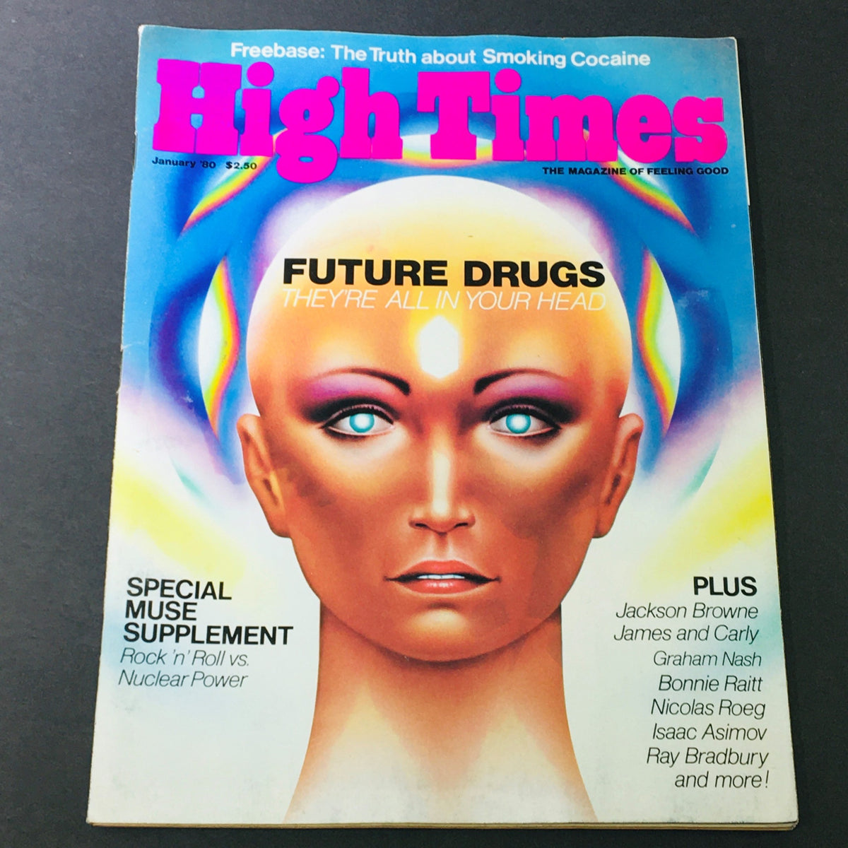 VTG High Times Magazine January 1980 cover featuring a striking artwork and highlighted text about future drugs, featuring artists like Jackson Browne, Graham Nash, and Bonnie Raitt.