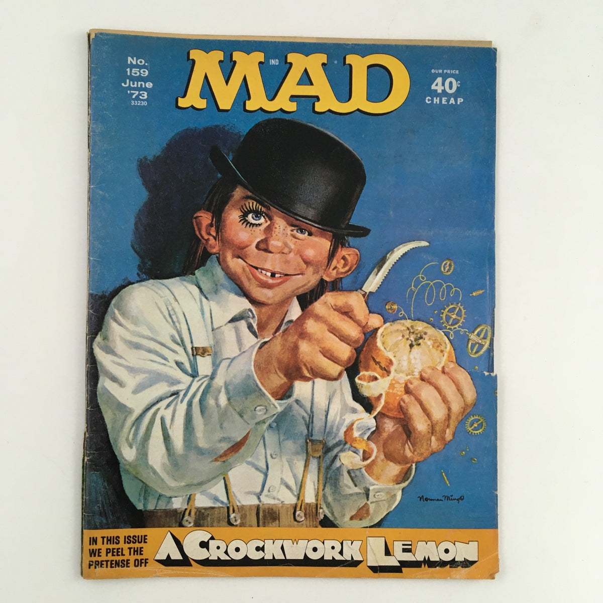 Cover of Mad Magazine June 1973 No. 159 titled 'A Crockwork Lemon', featuring a whimsical character with a bowler hat, holding a lemon with a knife, embodying the classic humor style of the magazine.