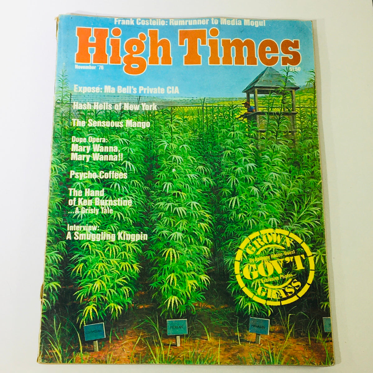Cover of High Times Magazine November 1976 featuring articles on Frank Costello, cannabis culture, and a smuggling kingpin, with vivid imagery of marijuana plants.