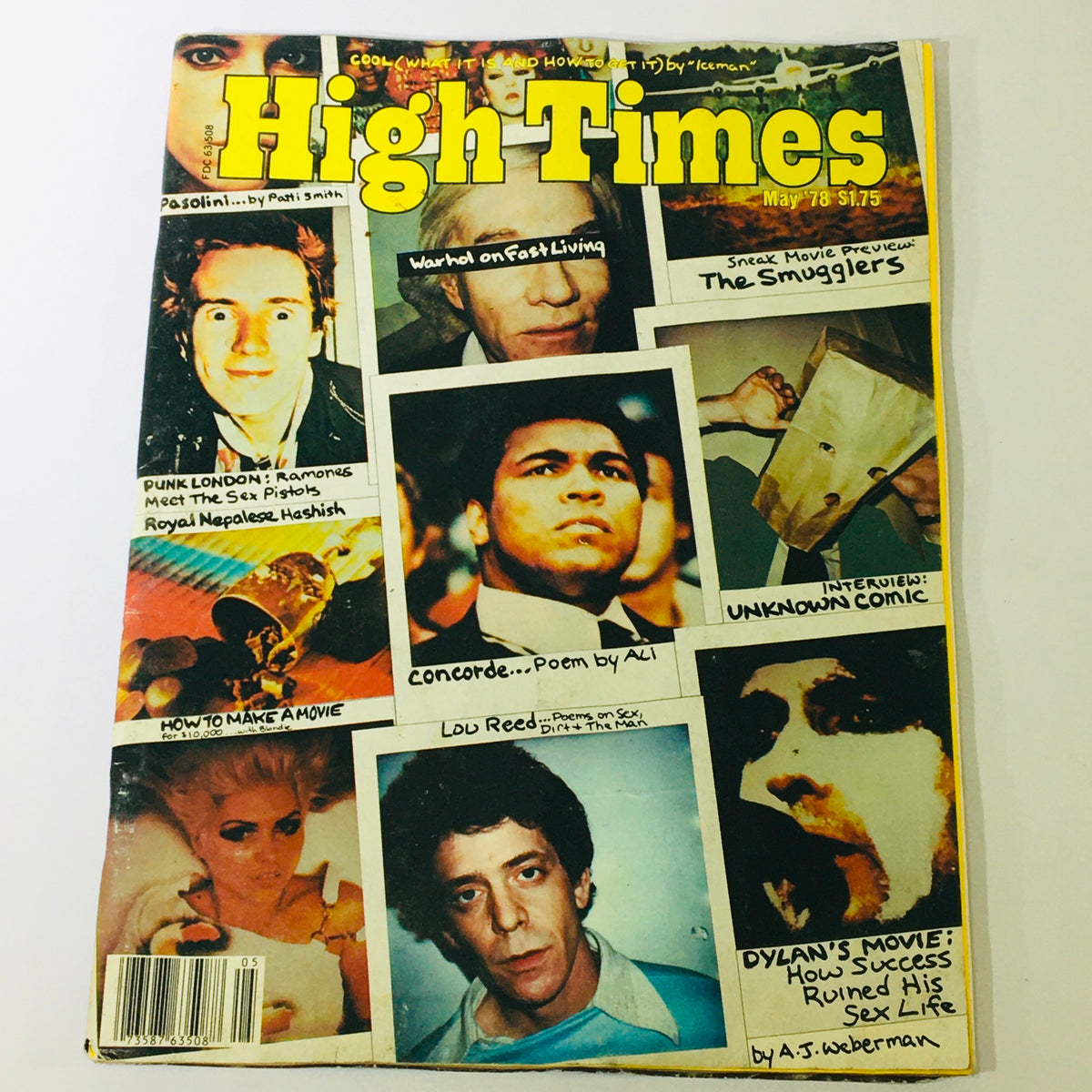 Cover of VTG High Times Magazine May 1978 featuring iconic figures such as Muhammad Ali, Bob Dylan, and Joey Ramone, showcasing the vibrant culture of the 1970s.