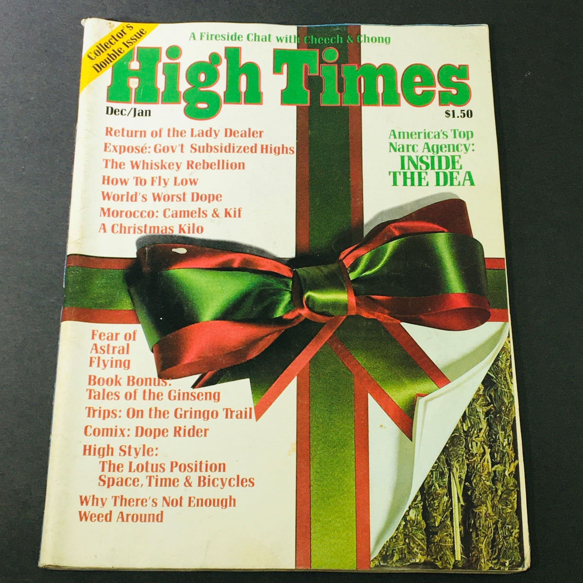 Cover of the VTG High Times Magazine December January 1975 #7 featuring the headline 'Return of the Lady Dealer', decorated with a festive ribbon design, and containing various articles related to cannabis culture.