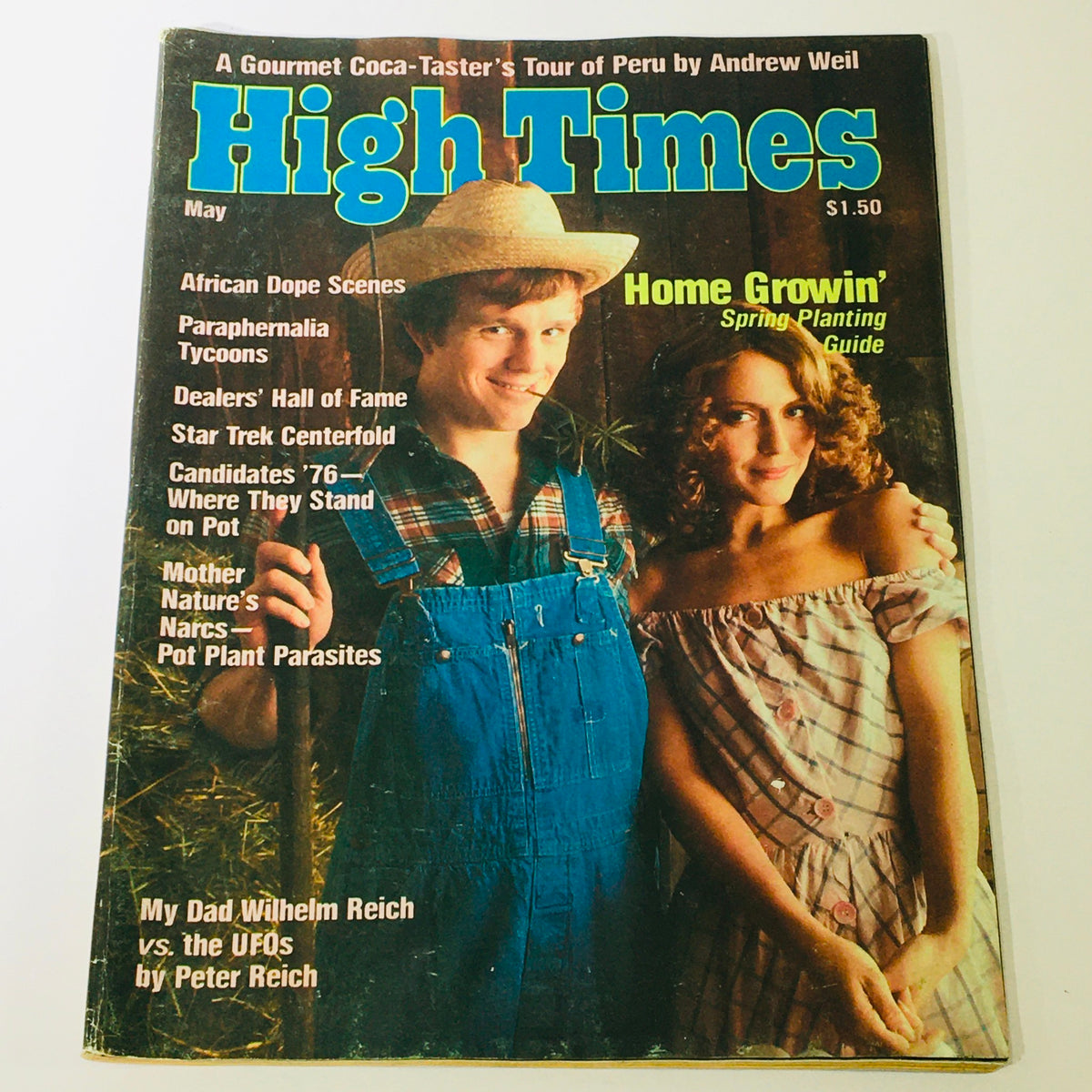 Cover of VTG High Times Magazine May 1976 #9 featuring a Star Trek centerfold, articles on cannabis culture, and a vintage photograph of a couple dressed in 1970s attire.