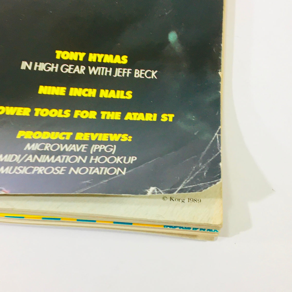 Back cover of Keyboard Magazine April 1990 featuring details about Tony Hymas, Nine Inch Nails, and product reviews, highlighting its vintage appeal.