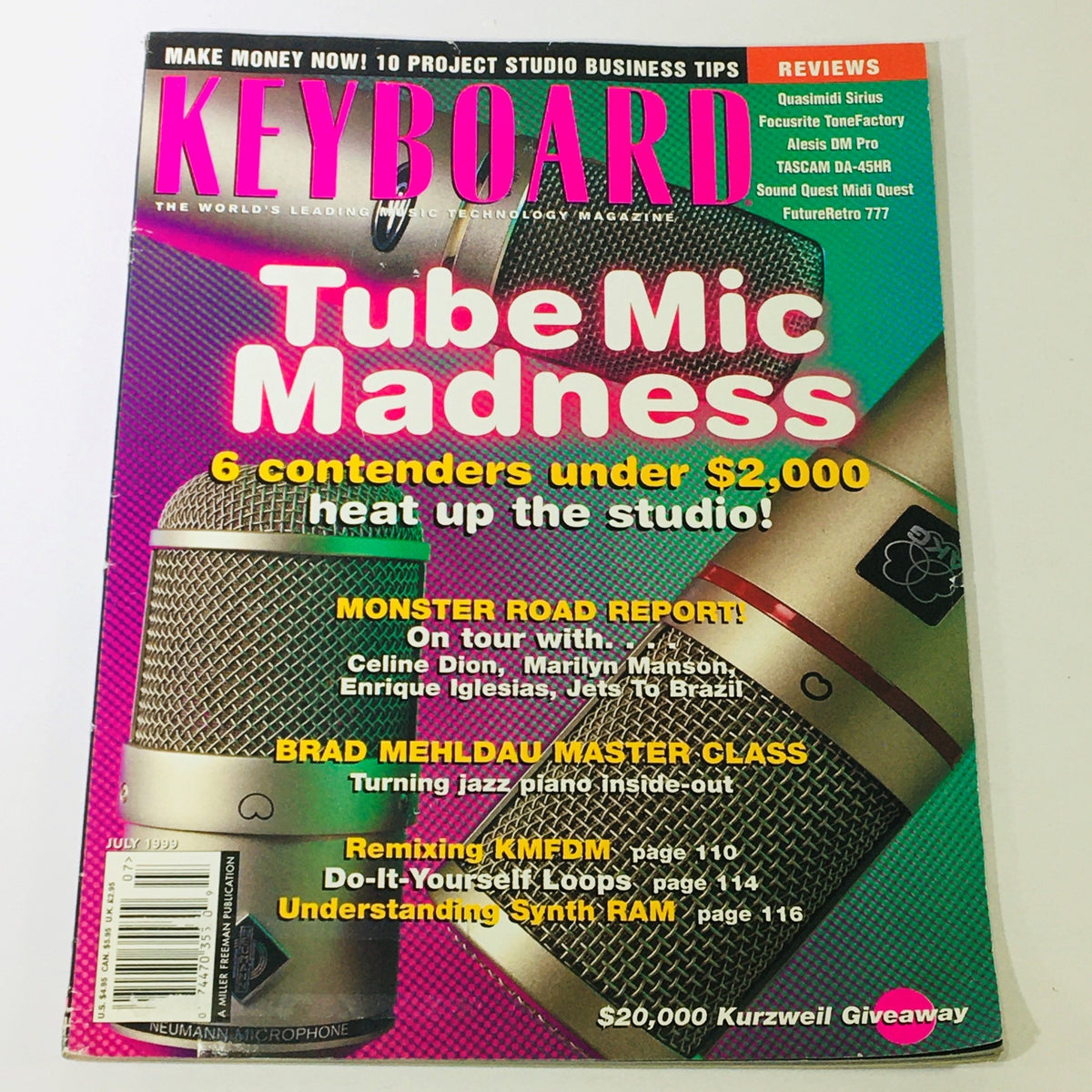 Keyboard Magazine July 1999 featuring Celine Dion, Marilyn Manson, and Enrique Iglesias on the cover, showcasing the title 'Tube Mic Madness' with related articles and reviews.