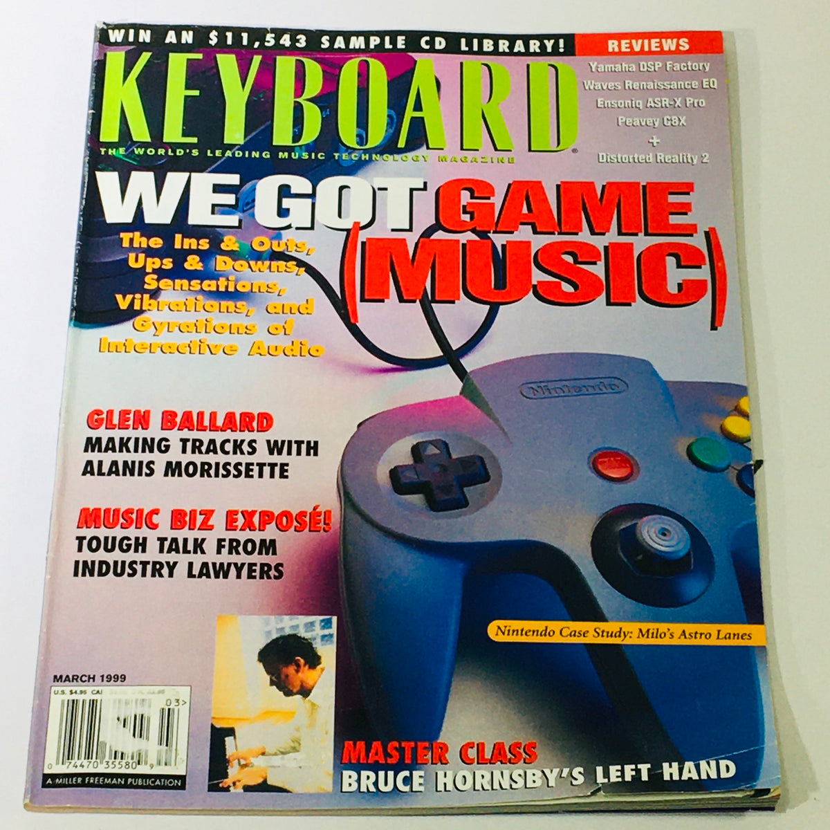 Cover of Keyboard Magazine March 1999 featuring articles on Bruce Hornsby's Left Hand and Alanis Morissette, highlighting music technology and game music.