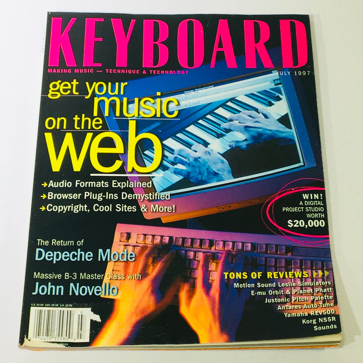 Keyboard Magazine July 1997 cover featuring a colorful design with text highlighting topics on music, technology, and a feature on Depeche Mode's return along with a master class by John Novello. The magazine showcases vintage music culture and collector's items.