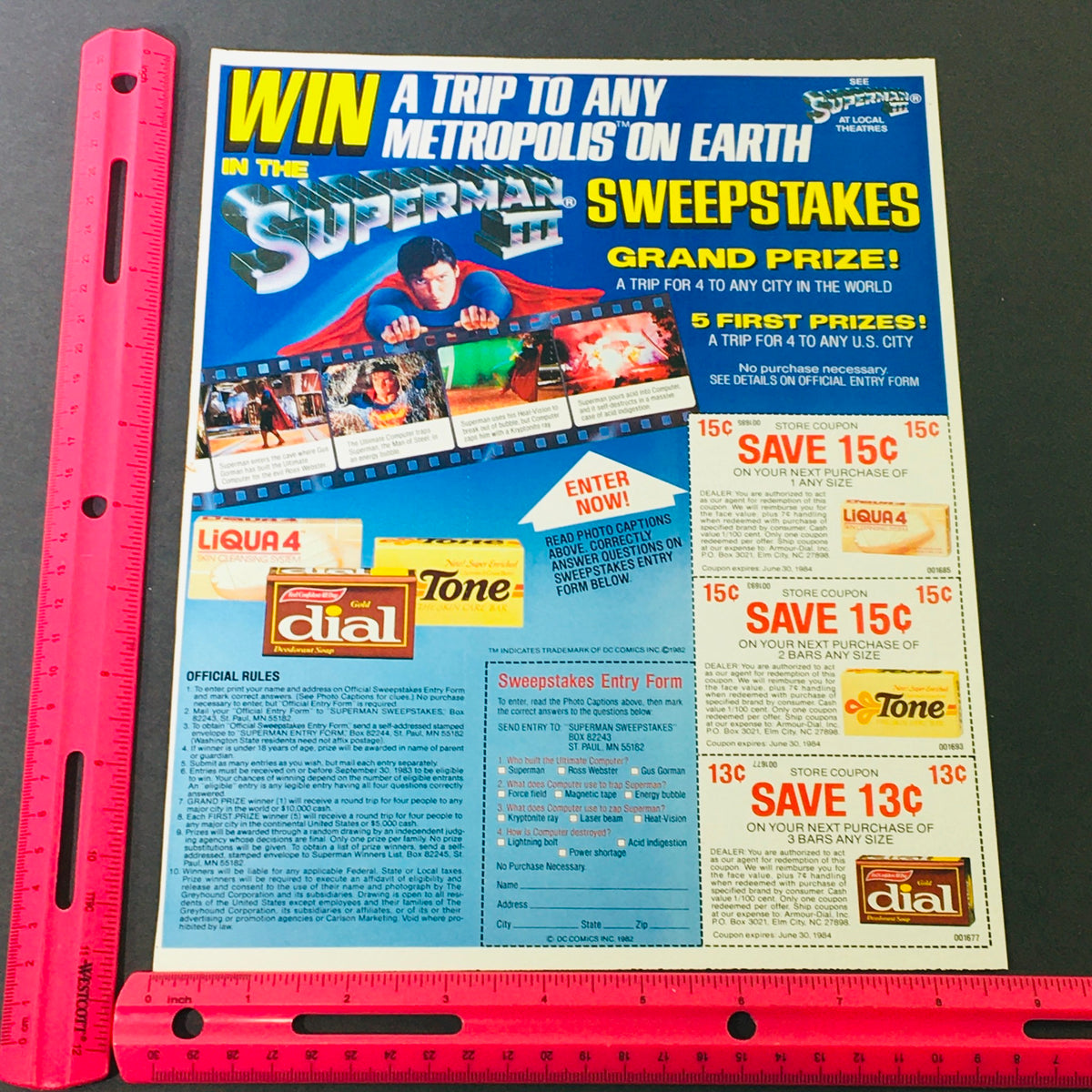 VTG Retro 1982 Christopher Reeves Superman Metropolis Trip Sweepstakes Ad Coupon with ruler for scale, presenting sweepstakes details and coupon offers for Dial and Tone products.