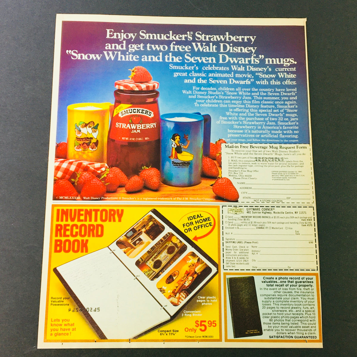 VTG Retro 1983 Disney's Snow White & The 7 Dwarfs Smucker's Strawberry advertisement featuring promotional mugs and product information, in excellent condition, included with a plastic protective covering.