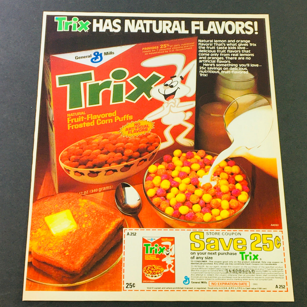 VTG Retro 1984 General Mills Trix Frosted Corn Puffs advertisement featuring colorful cereal with milk, promotional coupon for Trix cereal, and a vibrant box design.