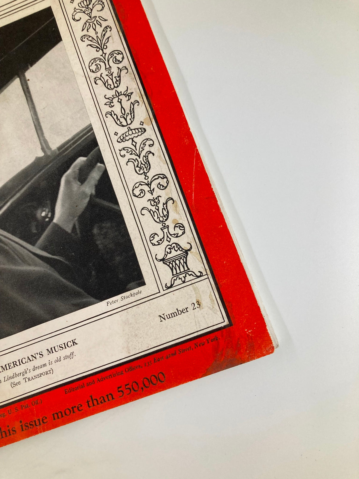 Close-up view of the VTG Time Magazine dated December 2, 1935, with a focus on the title 'Pan American's Musick' and vintage design elements. This collectible magazine showcases cultural highlights from the 1930s.