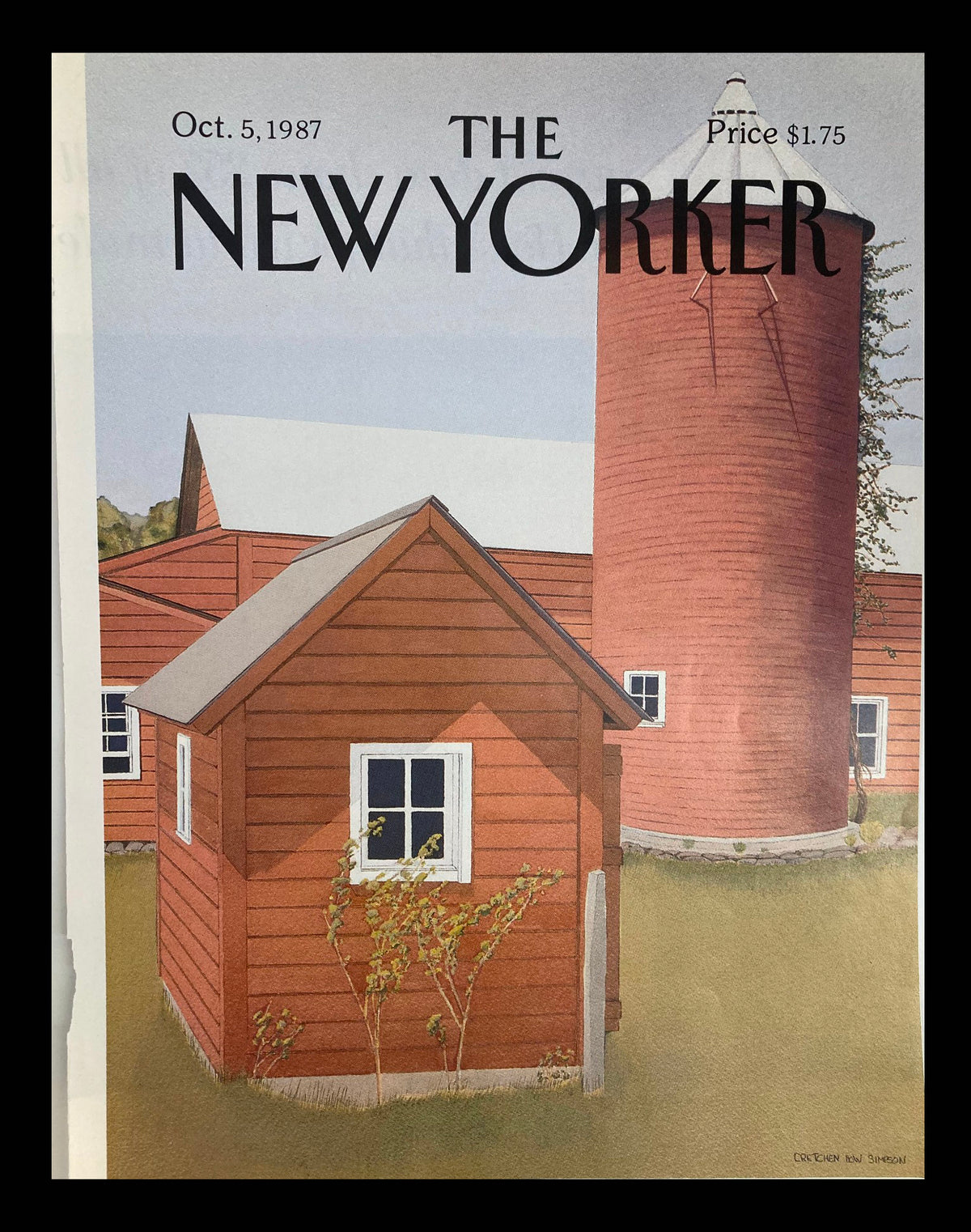 Cover of The New Yorker dated October 5, 1987, featuring an illustration of a red barn with a silo, created by artist Gretchen Dow Simpson.