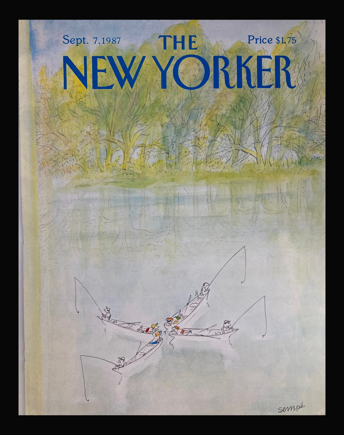 Cover of The New Yorker dated September 7, 1987, titled 'Fishing in the Lake' by J. J. Sempé featuring a serene lakeside scene with boats and fishing rods.
