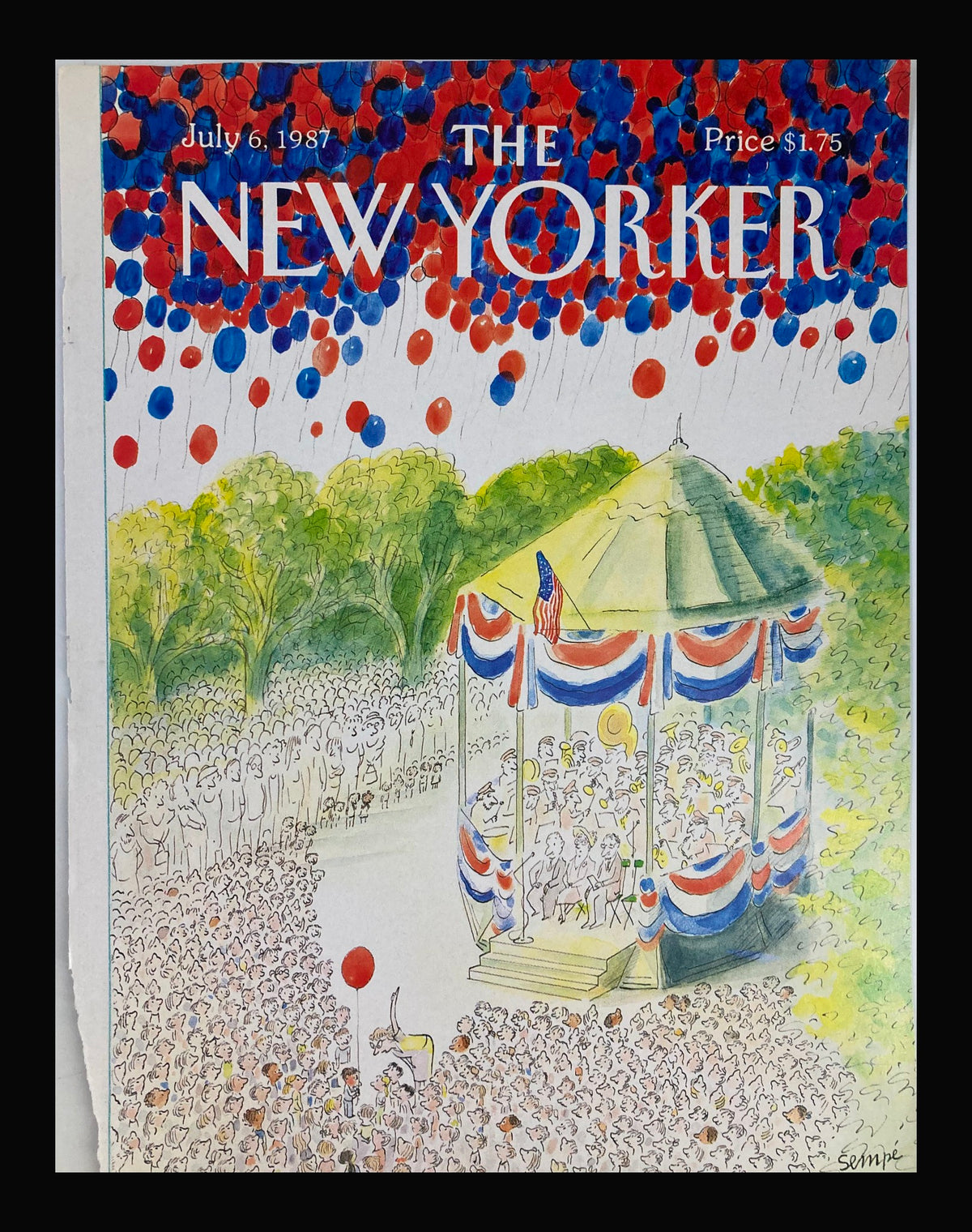 Cover of The New Yorker dated July 6, 1987, titled 'Can't Let Go of the Balloon' by J. J. Sempé, featuring a crowd with colorful balloons and a gazebo.
