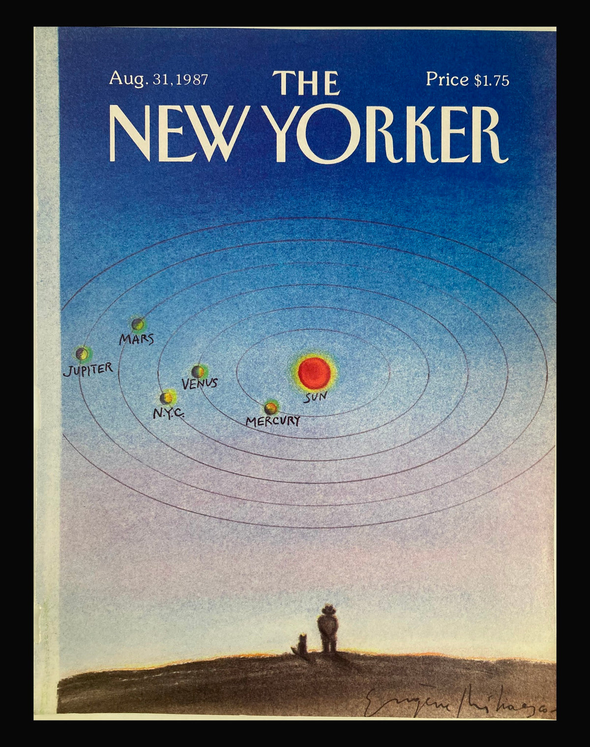Cover of The New Yorker dated August 31, 1987, featuring an artistic illustration of planets including the Sun, by Eugene Mihaesco, showcasing a whimsical representation of the solar system.