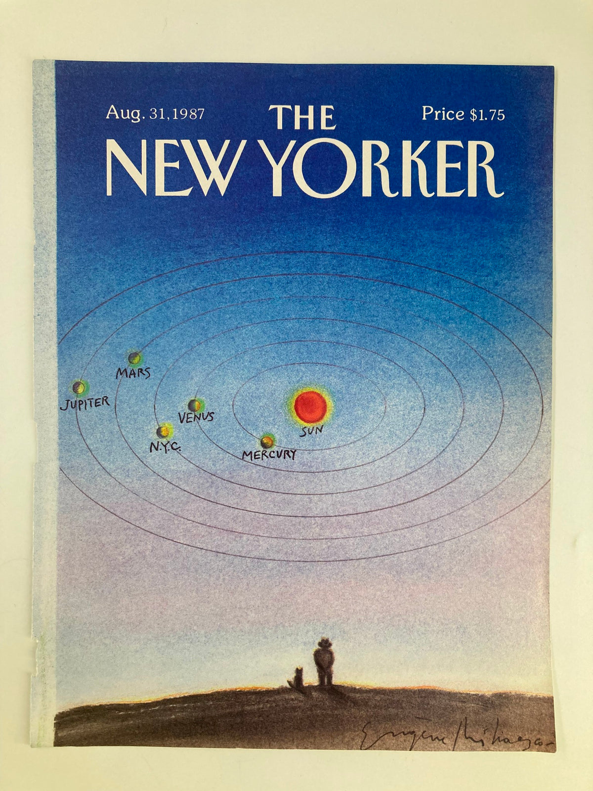 Cover of The New Yorker, August 31, 1987, featuring a vibrant illustration of planets and the sun by Eugene Mihaesco, showcasing a unique artistic depiction ideal for art collectors.