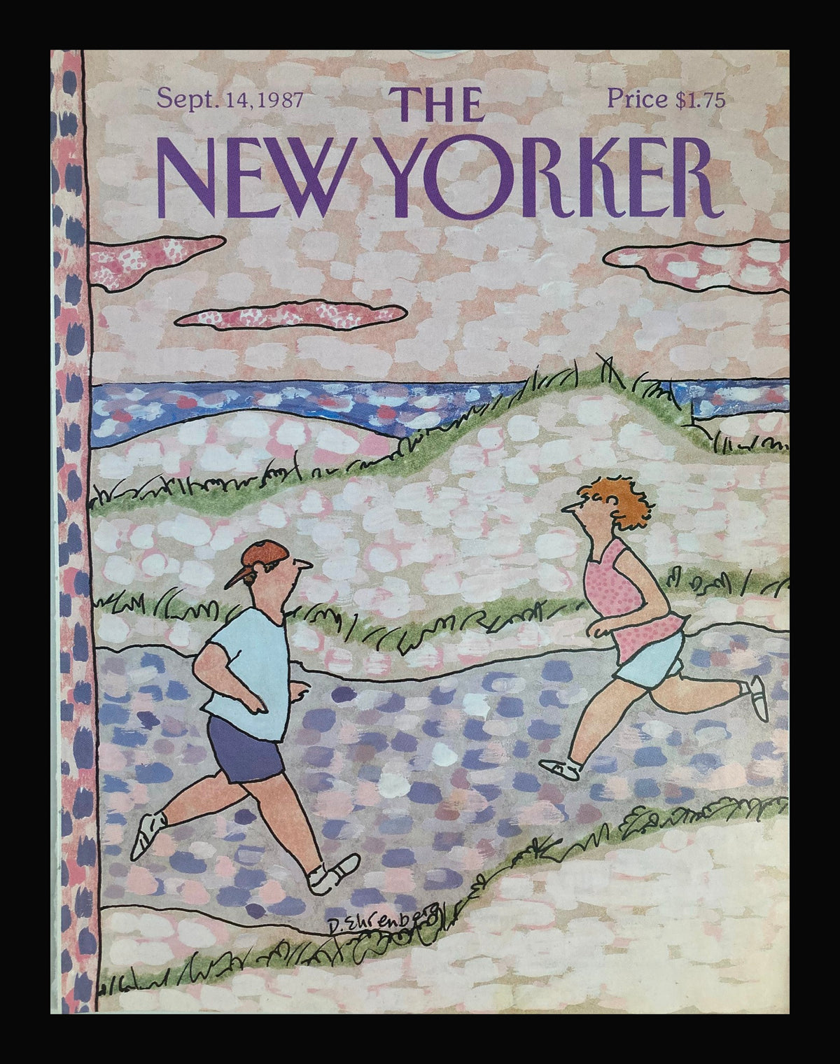 Cover of The New Yorker dated September 14, 1987, featuring the artwork 'Crossing Paths' by Devera Ehrenberg, depicting two runners in an urban landscape with pastel colors.