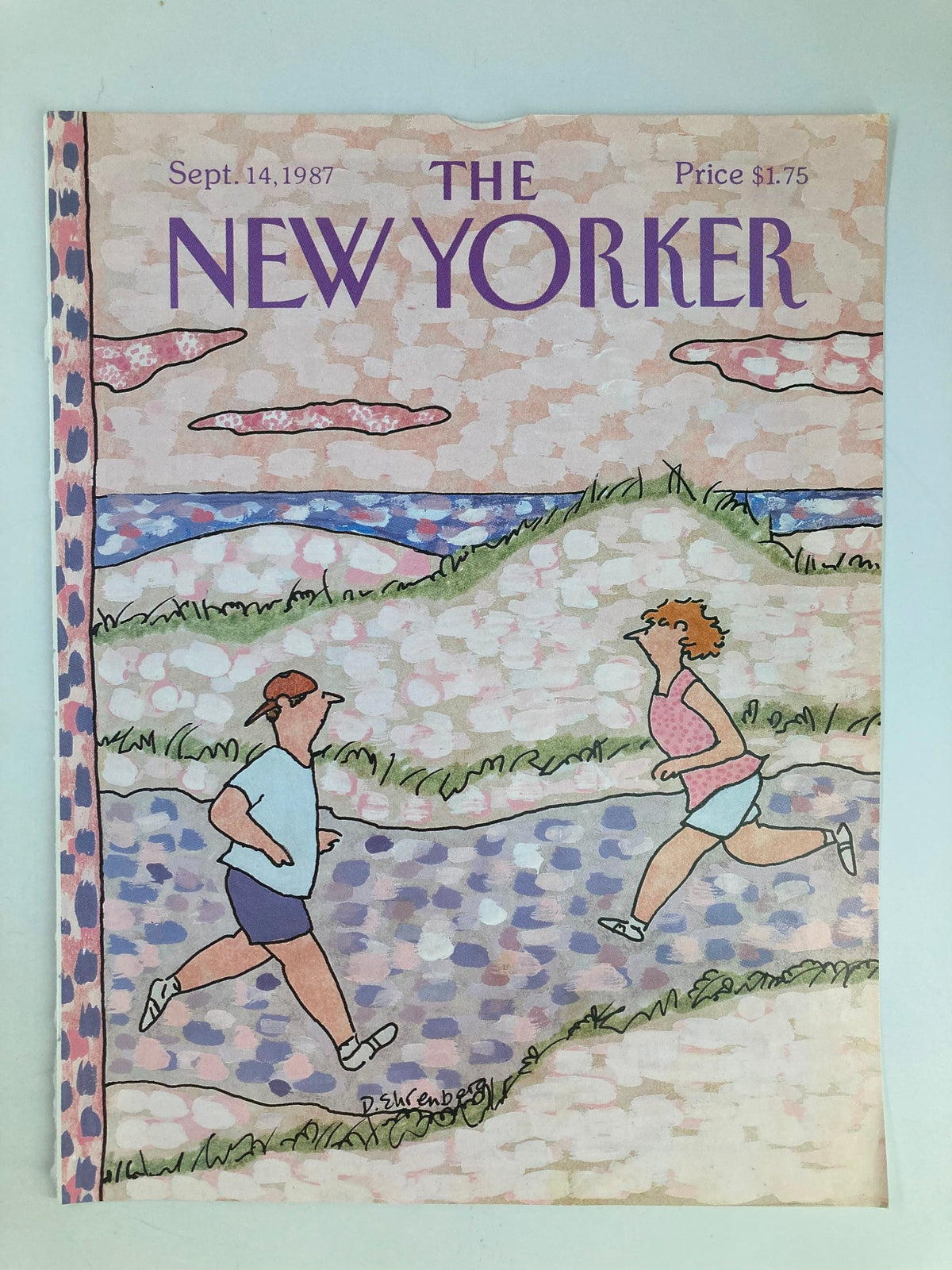 Cover of The New Yorker dated September 14, 1987, titled 'Crossing Paths' by Devera Ehrenberg, featuring a colorful illustration of two joggers in an urban landscape.