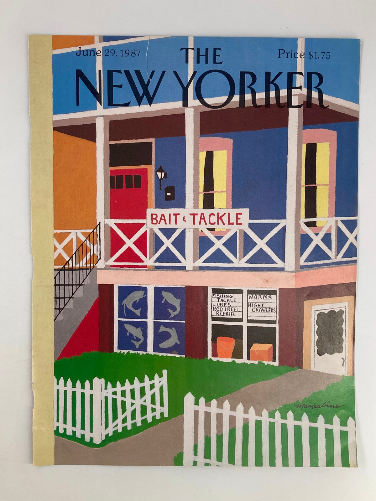Cover of The New Yorker June 29 1987 titled 'Bait & Tackle Store' by Marisabina Russo, showcasing a vibrant depiction of a bait and tackle shop with a green lawn and colorful building.