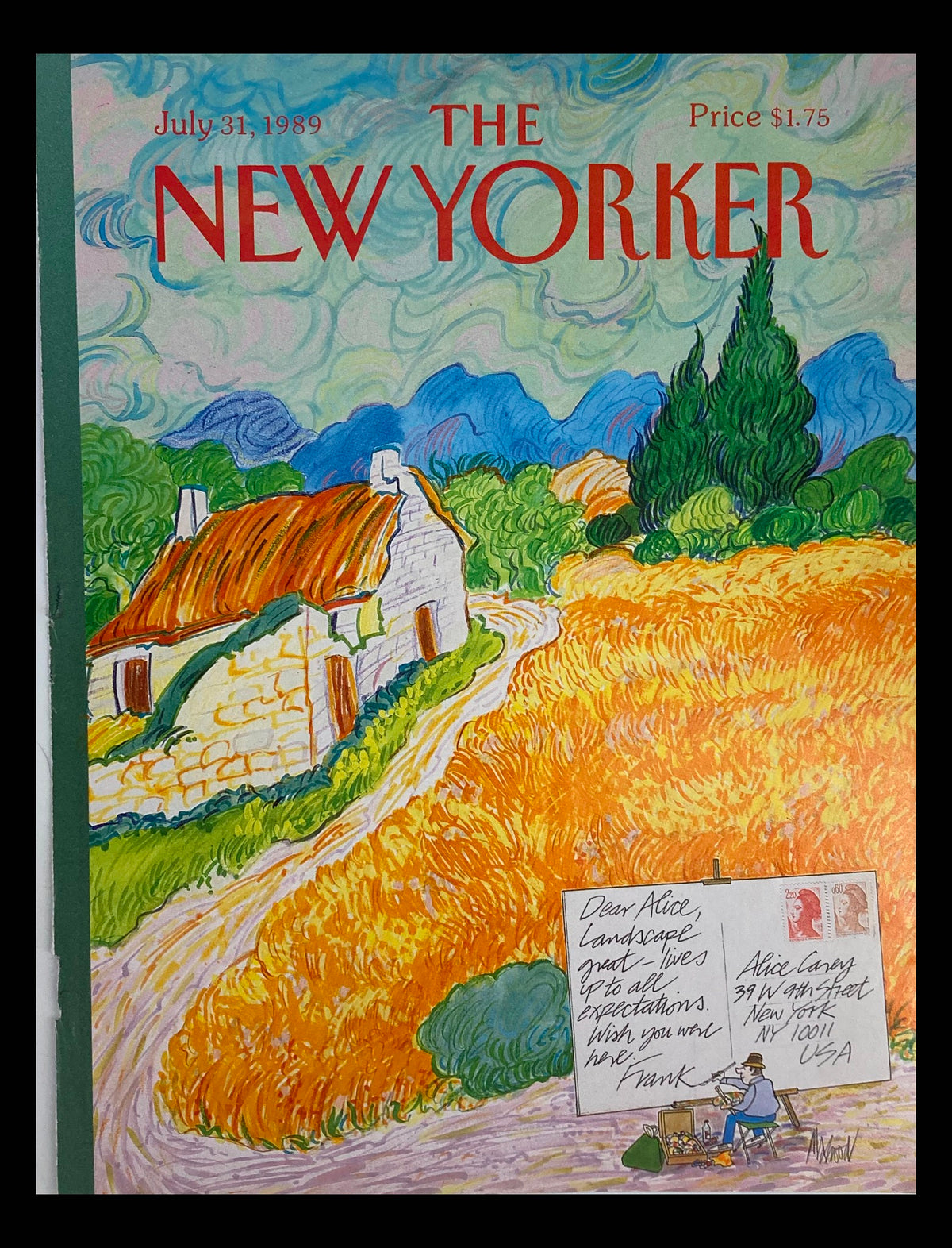 Cover of The New Yorker dated July 31, 1989, featuring a postcard painting by Kenneth Mahood, depicting a vibrant landscape with a rustic cottage and a painter at work.