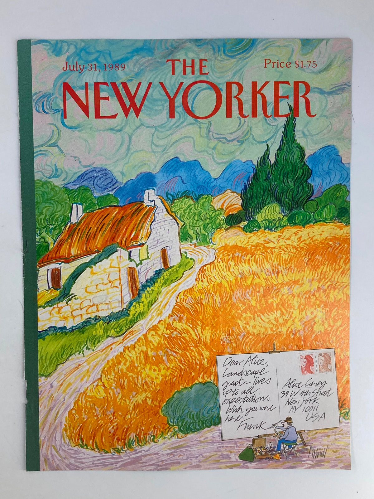 Cover of The New Yorker dated July 31, 1989, showcasing an artistic postcard painting by Kenneth Mahood, illustrating a beautiful countryside scene with a cottage and a handwritten postcard.