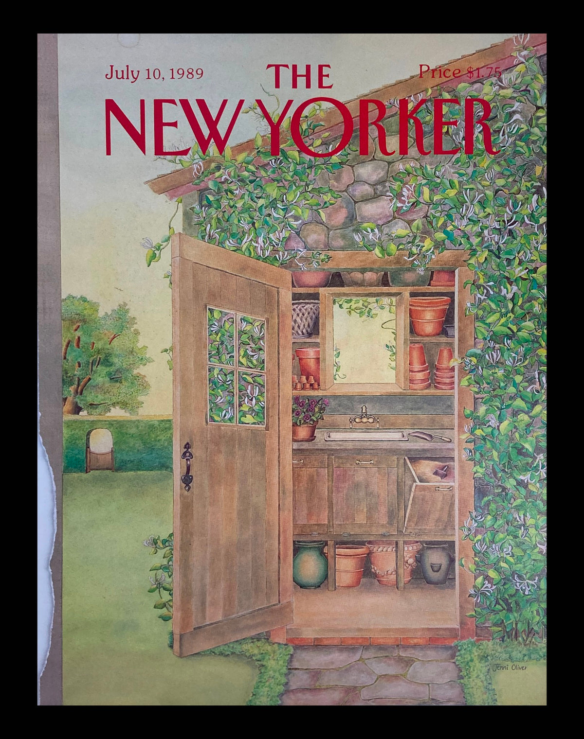 The New Yorker July 10 1989 Garden Shed cover artwork by Jenni Oliver, featuring a charming garden scene with an open shed revealing gardening tools and pots, surrounded by lush greenery.