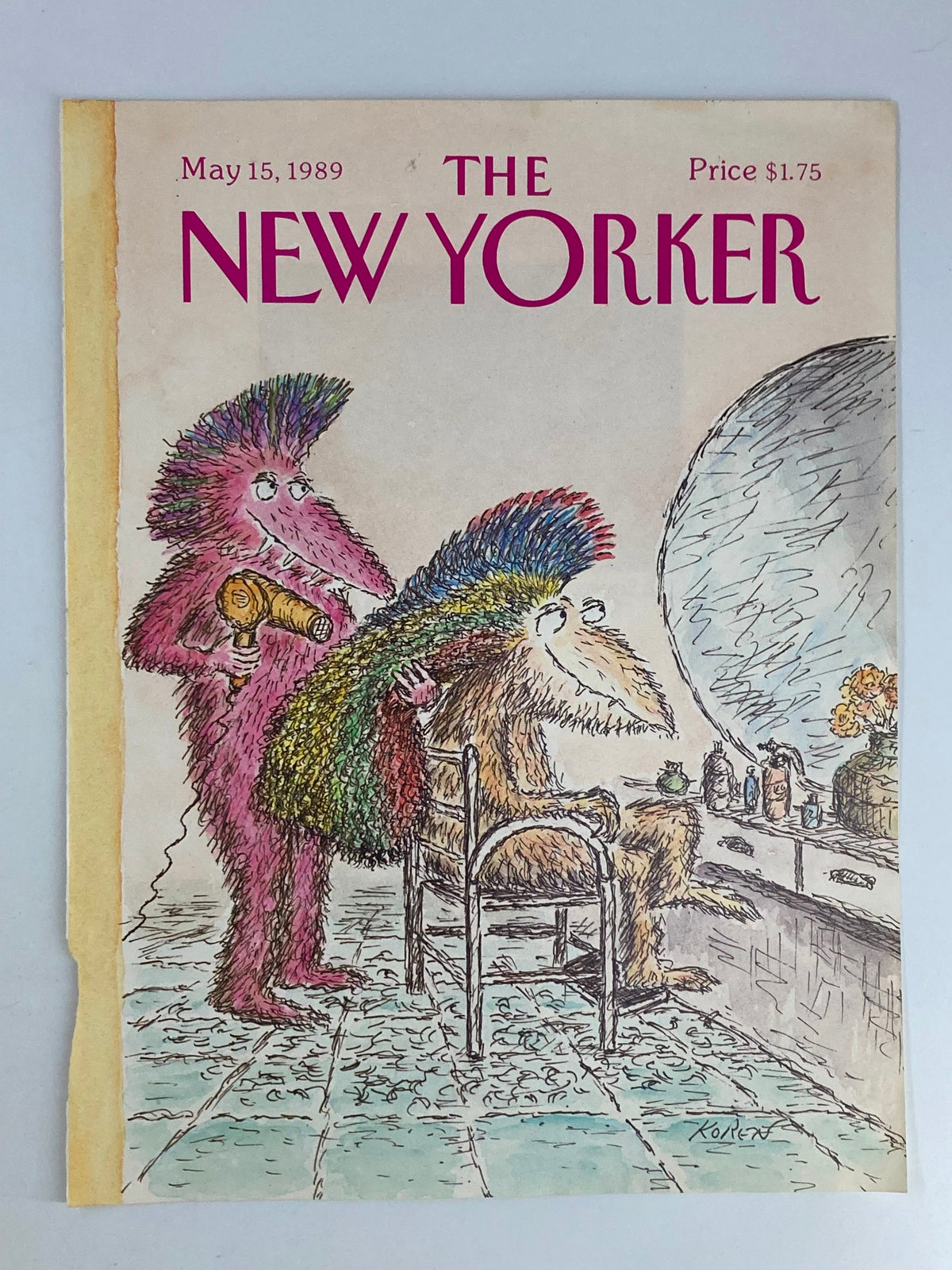 Cover art titled 'COVER ONLY The New Yorker May 15 1989 Rainbow Hair Stylist' by Edward Koren, showcasing playful illustrations of a hair stylist with rainbow hair.