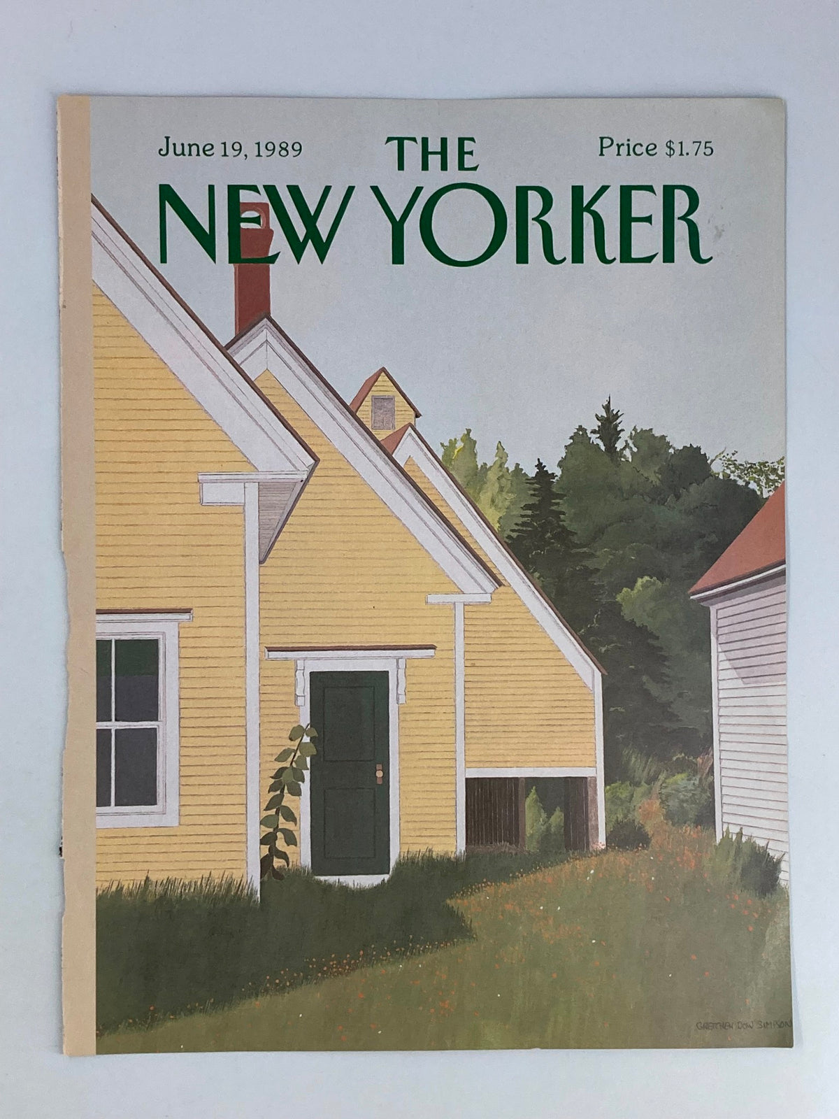 Cover of The New Yorker dated June 19, 1989, titled 'Empty Houses' by Gretchen Dow Simpson, depicting a serene scene with a yellow house and greenery, ideal for art collectors.