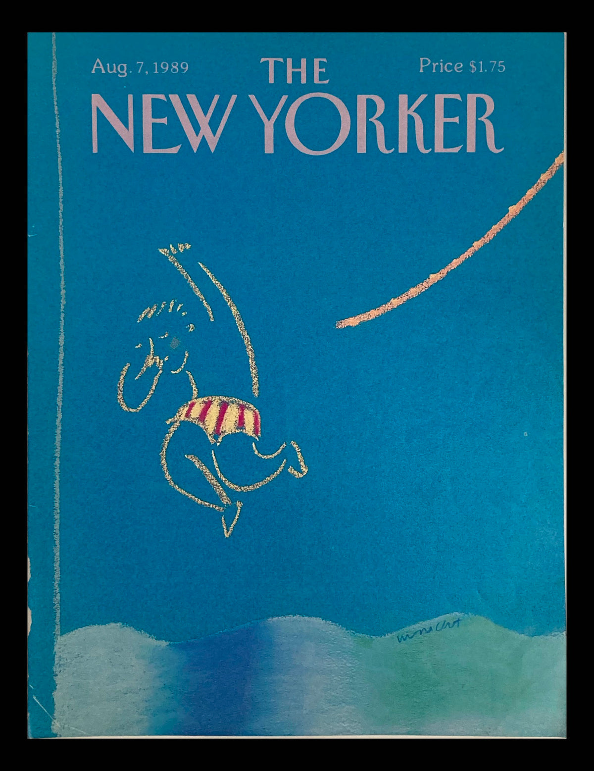 COVER ONLY The New Yorker August 7 1989 Swimmer Jumps In by Merlc Nacht, featuring a vibrant blue background with a whimsical illustration of a swimmer diving into water.