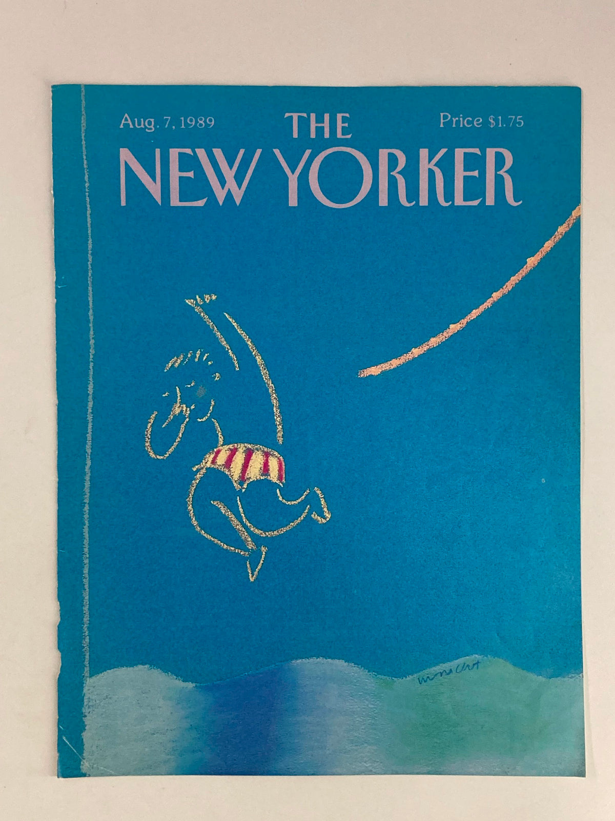 COVER ONLY The New Yorker August 7 1989 Swimmer Jumps In by Merlc Nacht, showcasing a playful depiction of a swimmer in mid-air against a blue background, perfect for art and magazine collectors.