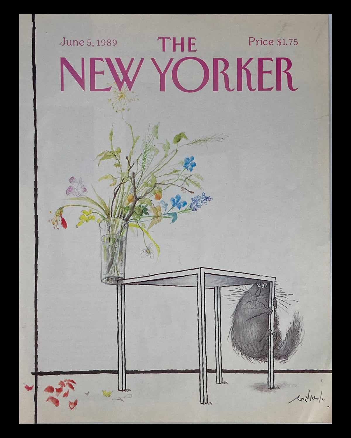 The New Yorker June 5 1989 cover titled 'Vase at the Edge' by Ron Searle, featuring a whimsical illustration of a cat peering from beneath a table with a flower vase, highlighting vintage magazine artistry.