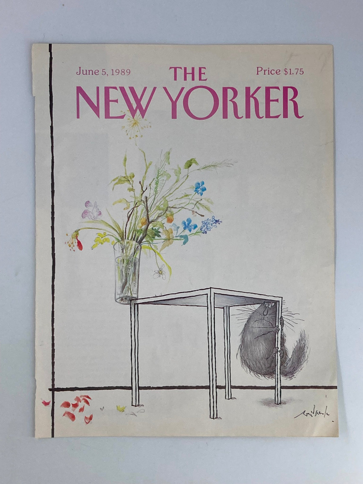 The New Yorker June 5 1989 cover, 'Vase at the Edge' by Ron Searle, showcasing a playful design with a cat hiding under a table holding a vase of flowers, a perfect piece for art and magazine collectors.