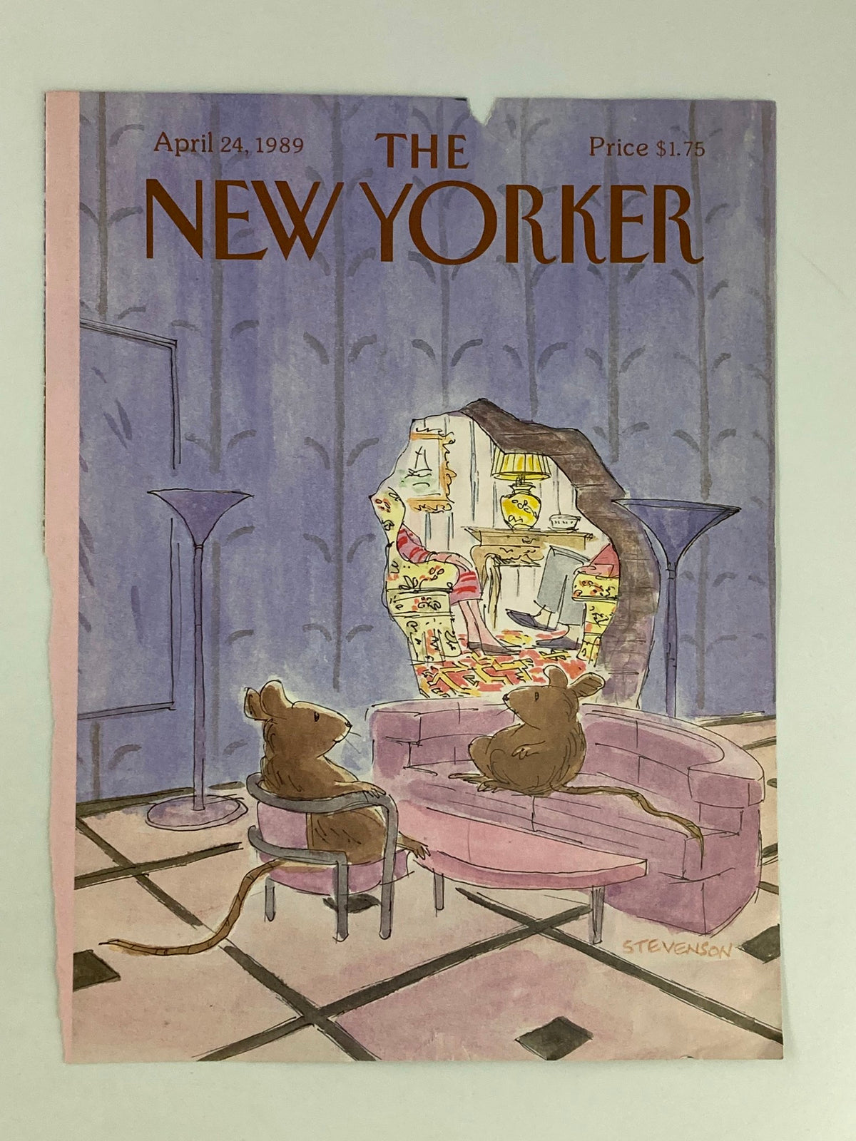 Cover of The New Yorker April 24 1989 titled 'Mouse and People' by James Stevenson, showcasing an artistic depiction of two mice in a cozy interior, with a stylized mirror and colorful decor.