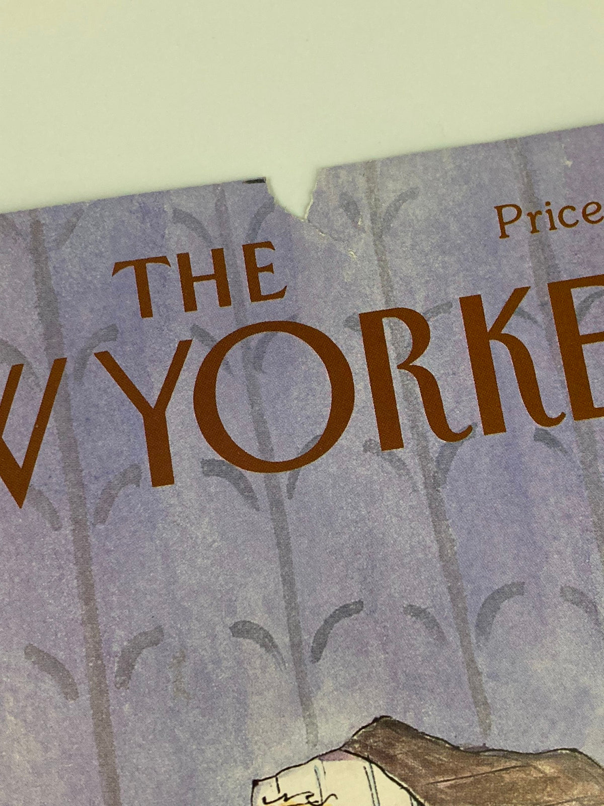 Close-up of the top portion of The New Yorker cover dated April 24, 1989, showcasing the title 'THE NEW YORKER' with visible wear including a small rip.