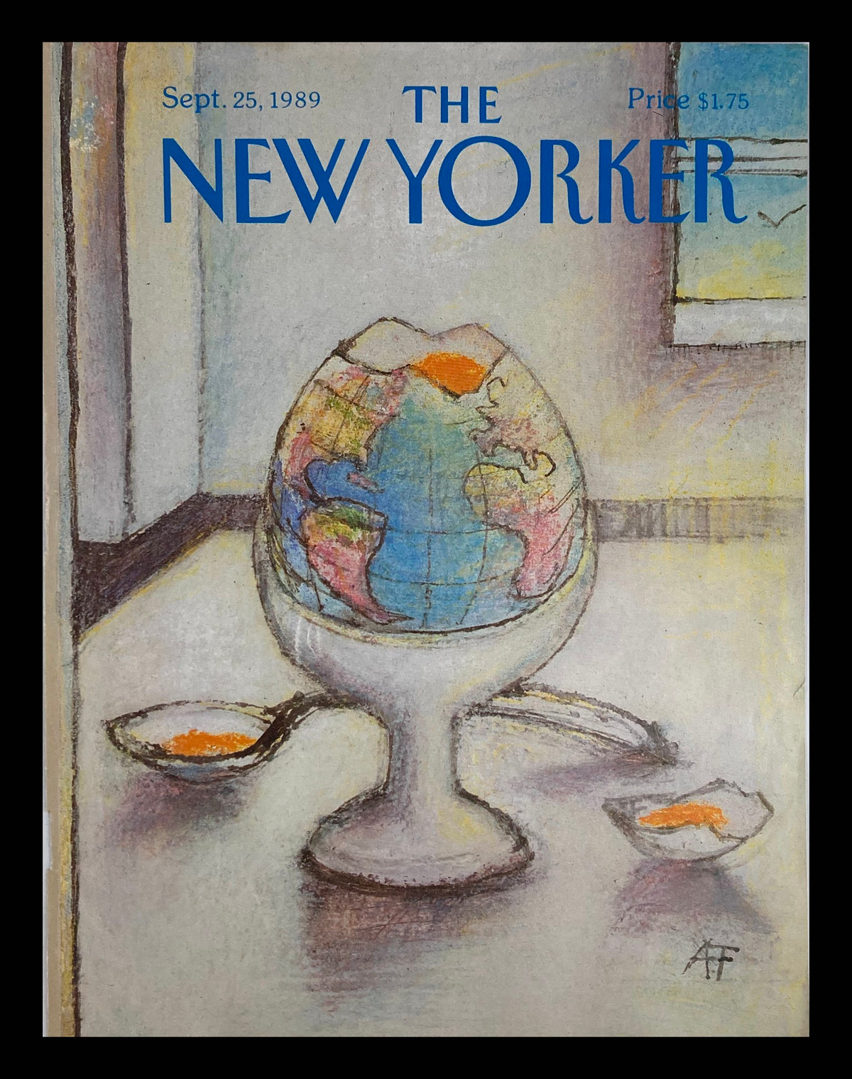 COVER ONLY The New Yorker September 25 1989 featuring a colorful illustration of an Egg Cup Globe by Andre Francois, showcasing vibrant colors and artistic detail.