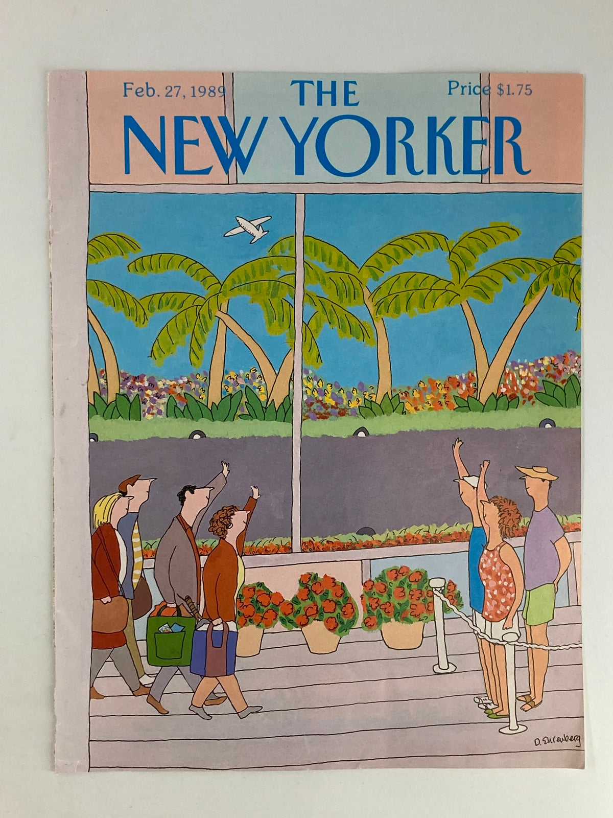 Cover of The New Yorker February 27, 1989 titled 'Waving Aboard' by Devera Ehrenberg, depicting a group of people waving towards an airplane with a colorful backdrop of palm trees and garden flowers.