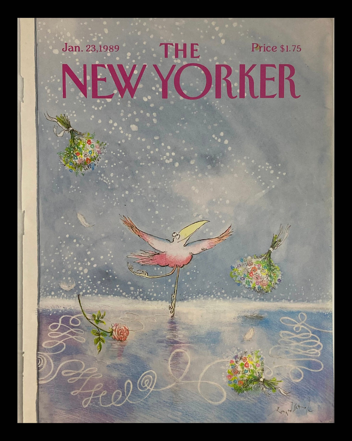 Cover of The New Yorker magazine dated January 23, 1989, featuring "A Flamingo Dance" by Ronald Searle, showcasing a pink flamingo dancing on water amidst floral arrangements.
