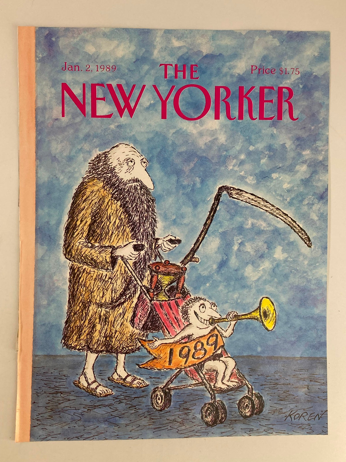 The New Yorker cover from January 2, 1989, designed by Edward Koren, showcasing a playful scene of a bearded character and a child in a stroller, embracing the artistic style of the late '80s.