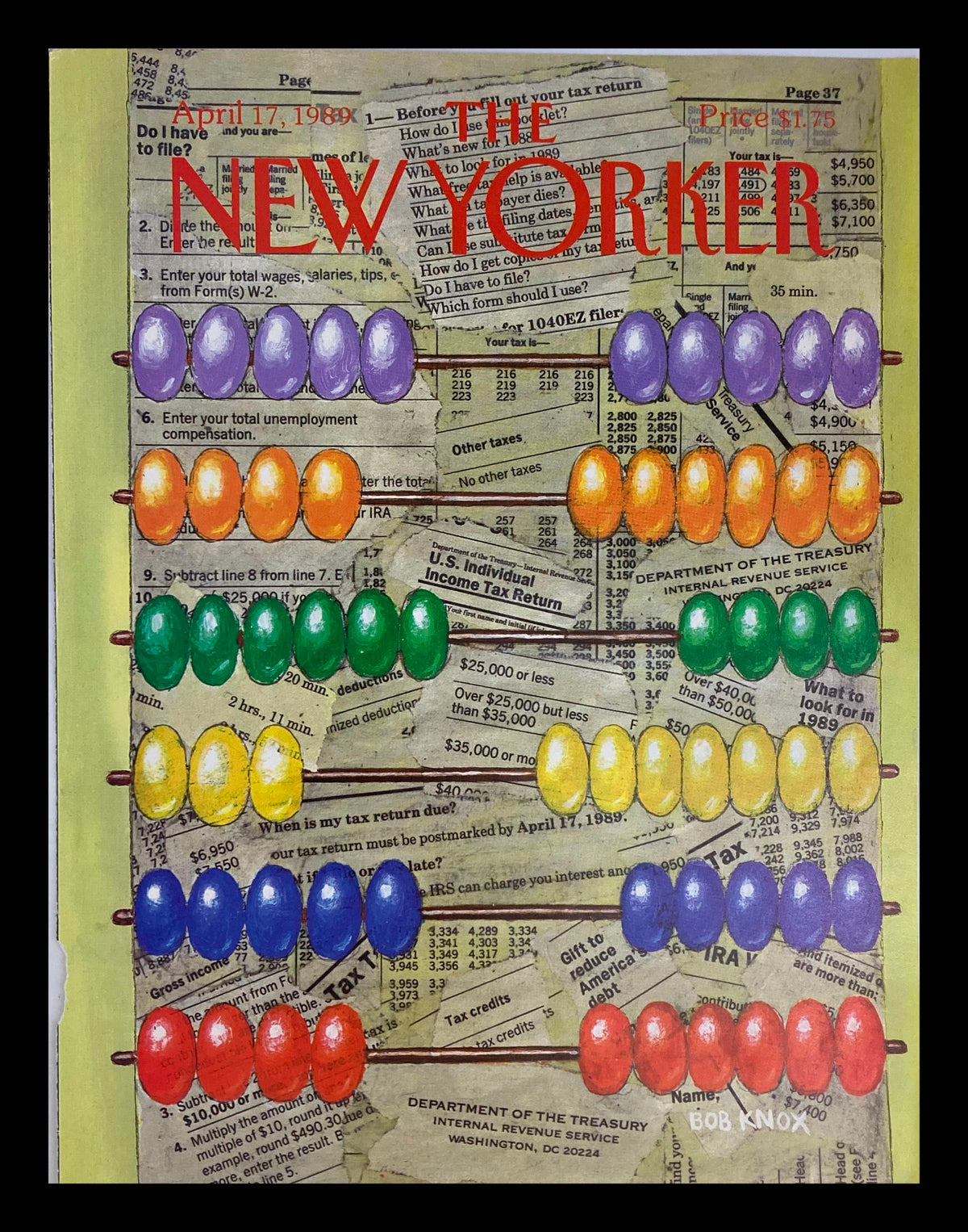 The New Yorker April 17 1989 Abacus / Counting Frame cover illustration by Bob Knox featuring a colorful abacus design, tax forms, and retro elements, ideal for collectors and vintage decor enthusiasts.