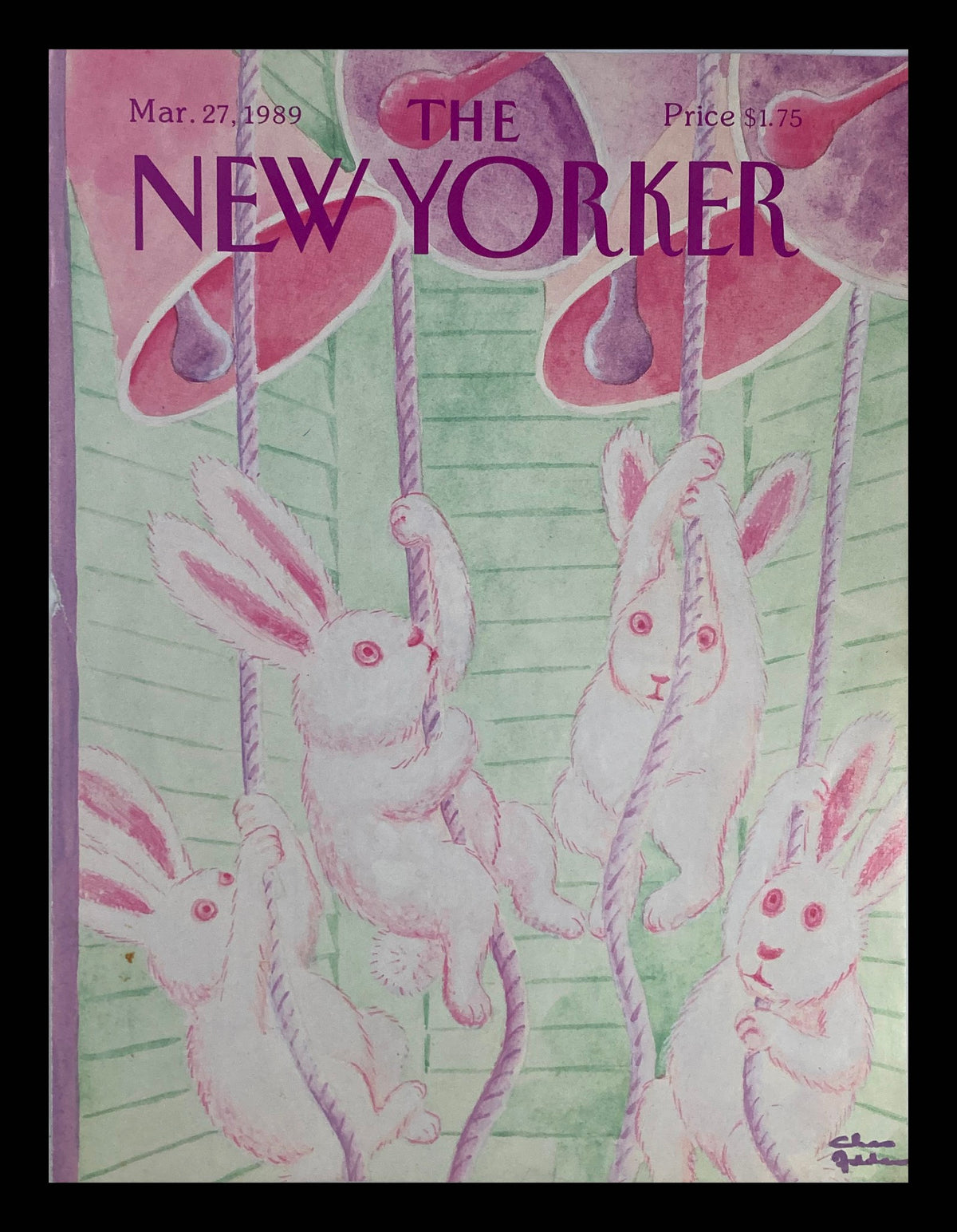 Cover of The New Yorker dated March 27, 1989, featuring whimsical rabbits in a pastel color palette, illustrated by Charles Addams, known as 'Bunny Bell'.