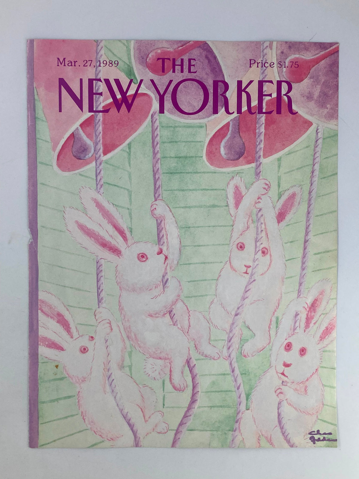 Cover of The New Yorker from March 27, 1989, showcasing illustrated rabbits hanging from ropes in soft pink and green tones, artwork by Charles Addams titled 'Bunny Bell'.