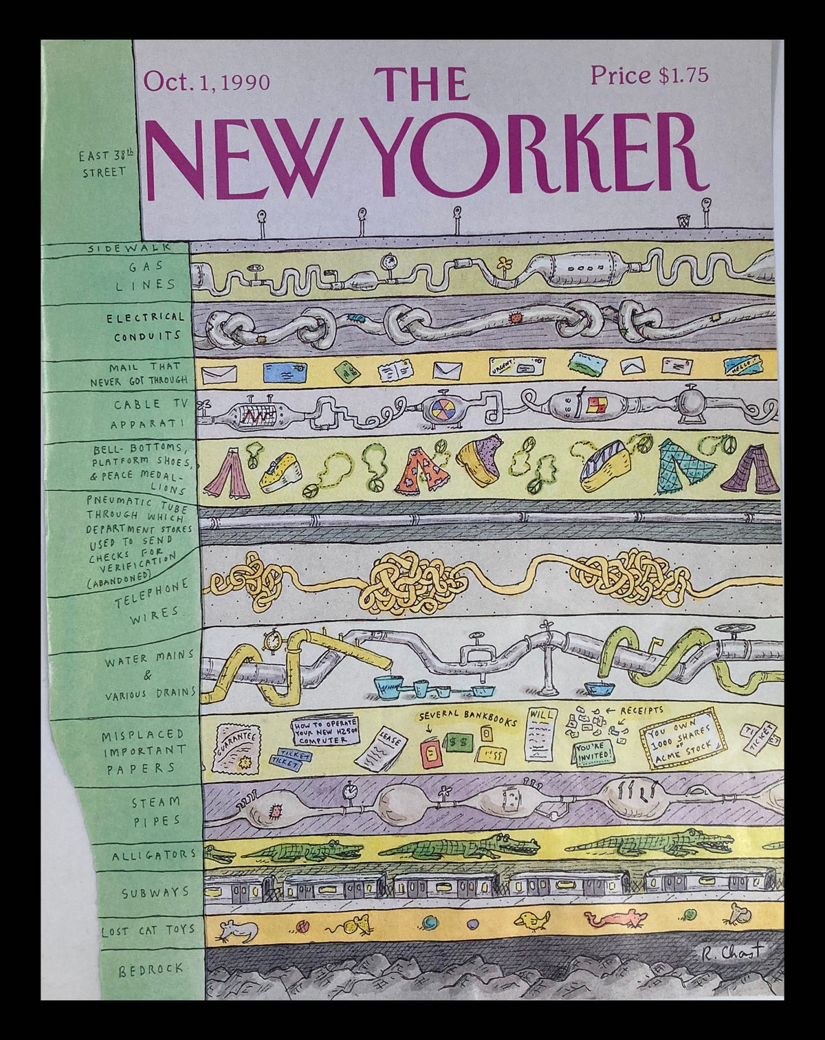 The New Yorker cover dated October 1, 1990, titled 'East 38th Street' by Roz Chast, featuring a whimsical illustration of various items, pipes, and lines associated with urban life underneath a city street.