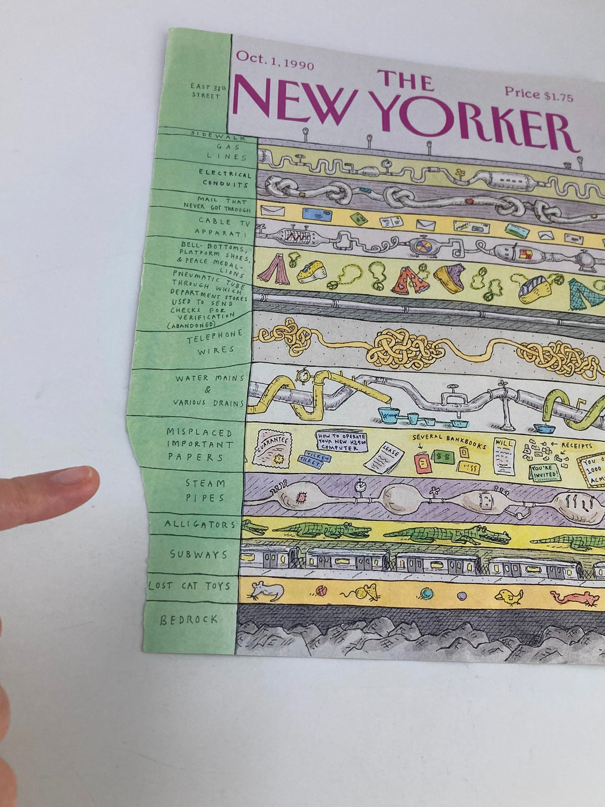 Close-up view of The New Yorker cover from October 1, 1990, titled 'East 38th Street' by Roz Chast, showing detailed segments of the illustration with various humorous elements, including alligators and lost cat toys.