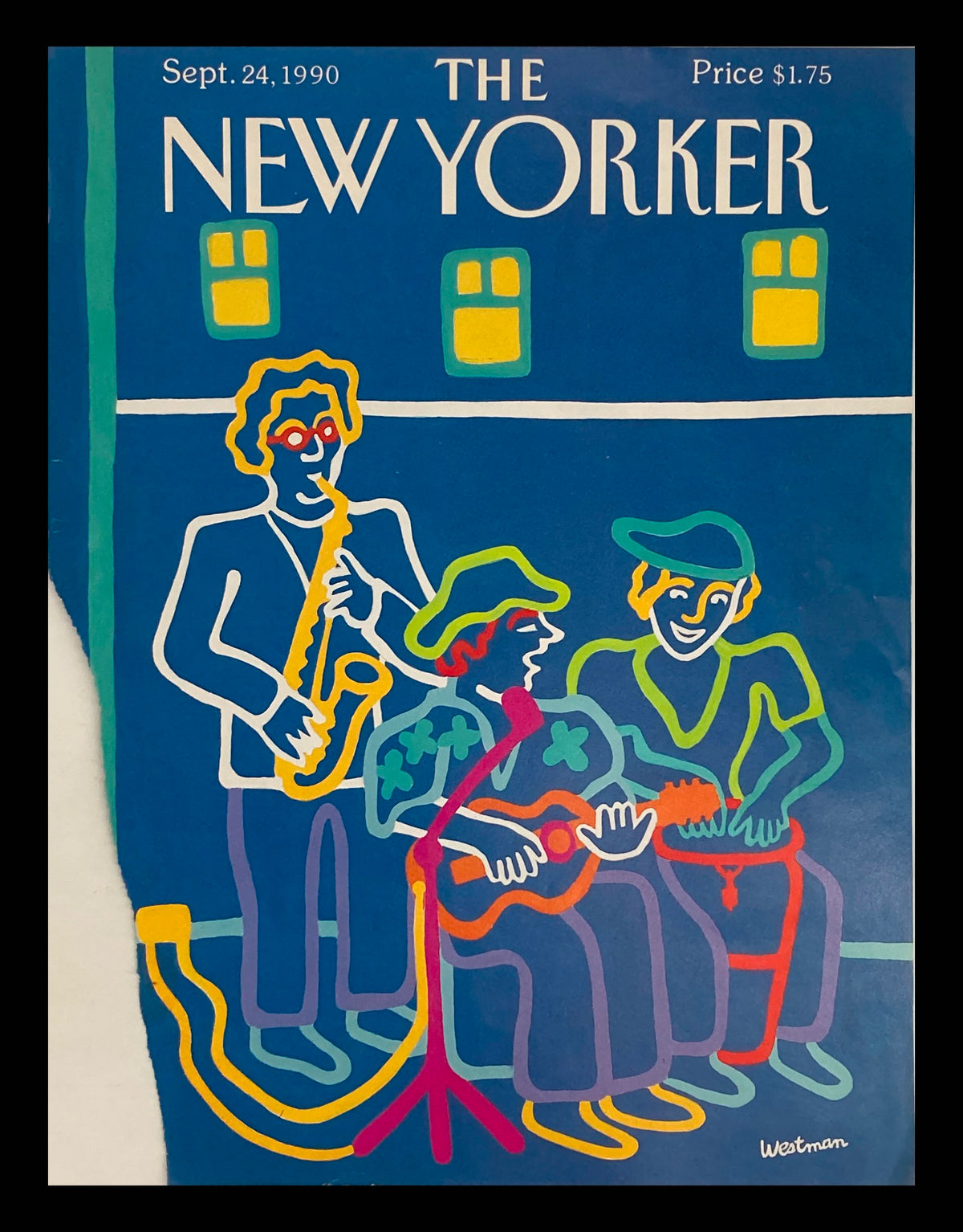 COVER ONLY The New Yorker September 24 1990 featuring an illustration by Barbara Westman of three musicians, including a saxophonist, showcasing a vibrant and colorful design.